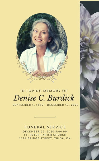 Elegant memorial poster with portrait and funeral service details for Denise C. Burdick.