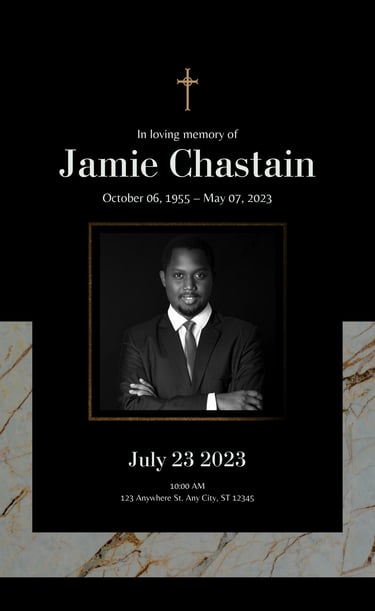 Black and gold memorial poster with portrait and funeral service details.