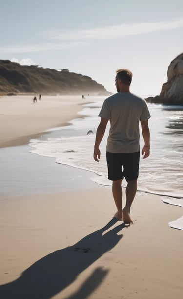 Model wearing a crisp white shirt walking along a beach boardwalk at sunset.