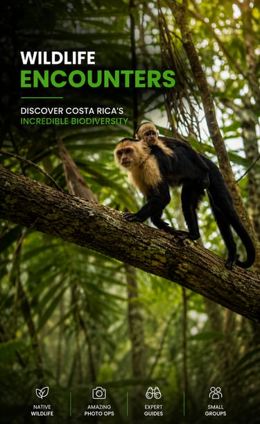 White-faced capuchin monkey carrying a baby on its back through the Costa Rica rainforest canopy.
