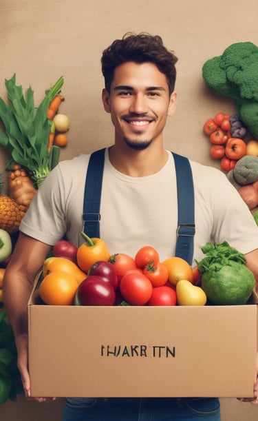 A smiling man holding a cardboard box filled with organic fruits and vegetables for fresh grocery delivery.