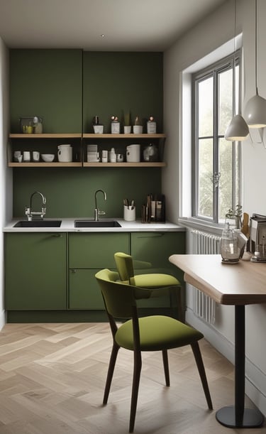 Modern small kitchen design with olive green cabinets, wooden breakfast bar, and herringbone flooring.
