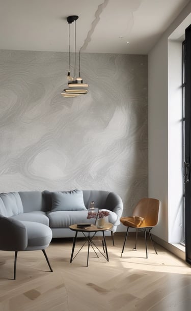 Bright, modern living room interior with freshly painted white walls and gold accents.