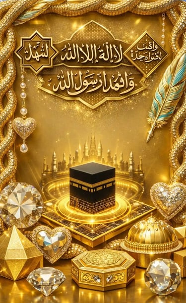 Visual representation of the Kaaba surrounded by light and Shahada calligraphy, serving as a symbolic gateway  shahada audio