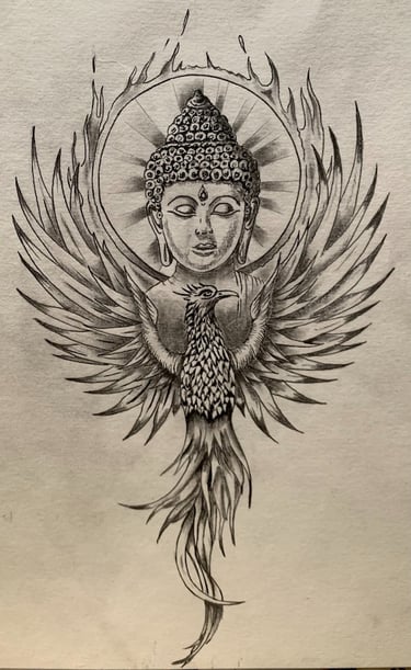 Croquis préparatoire pour le tatouage sur mesure d'un Bouddah par a2c tattoo à Challes-les-Eaux