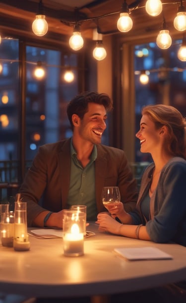 A happy couple enjoying a romantic dinner date on a terrace with warm string lights and candles.