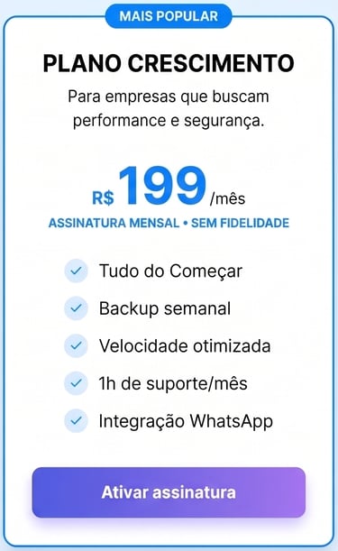 Plano Crescimento subscription card for 199 BRL per month featuring weekly backup and WhatsApp integration.