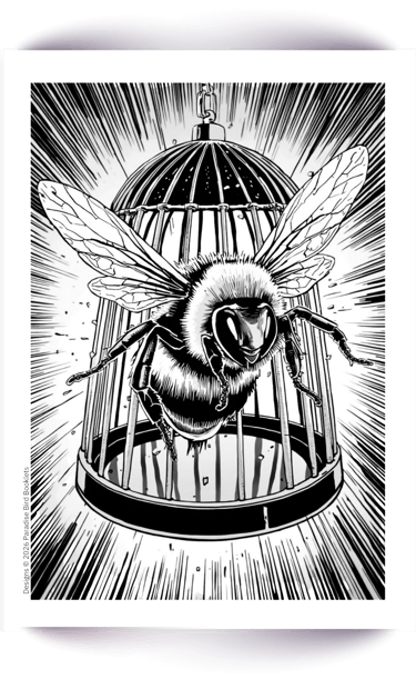 Freebie comic-style coloring page of a large honeybee flying out of an open birdcage.