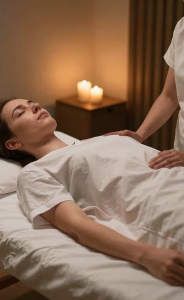 A serene Reiki session bathed in calming blue and purple hues with cosmic light effects.