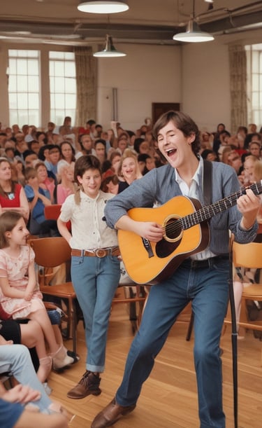 A young man playing an acoustic guitar and singing for a large indoor audience at a community event.