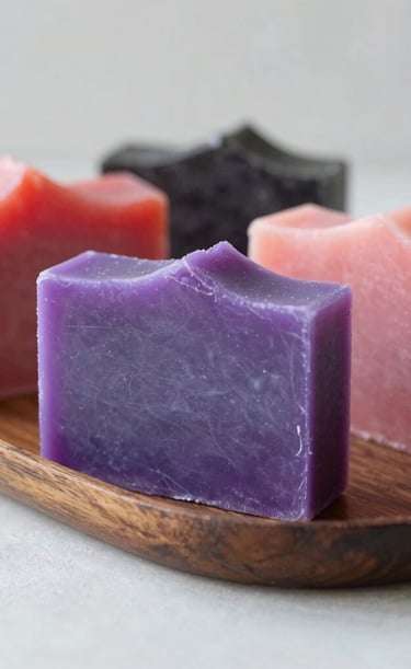 A cluster of organic grape soaps with natural textures and rich purple tones arranged on rustic wood.