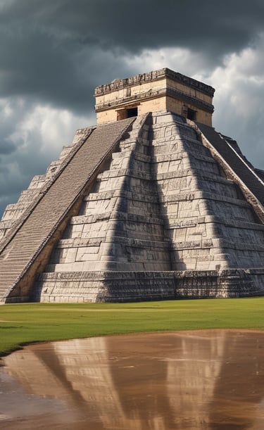 Sunset view over the ancient pyramids of Teotihuacan with tourists exploring