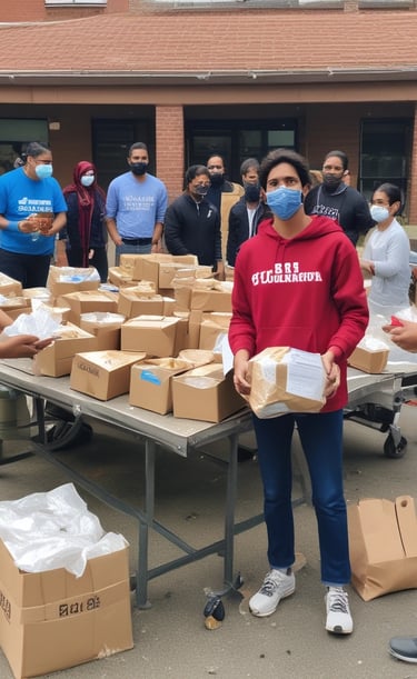 Volunteers distributing food packages to families in need during a community outreach event.