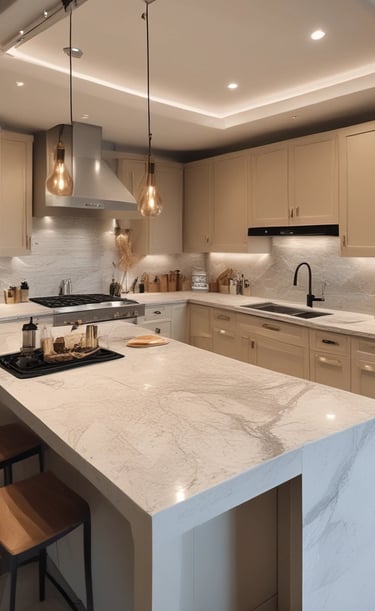 A close-up of luxury skincare products arranged on a marble countertop with natural light highlighting their textures.