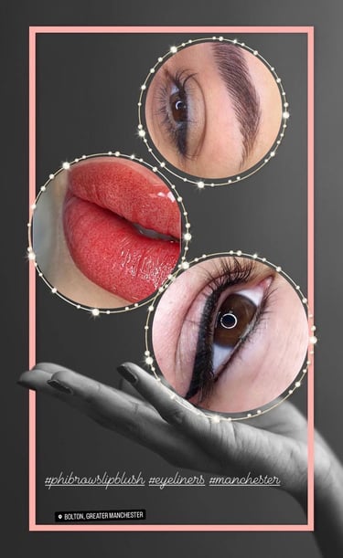 Before and after permanent makeup results for eyebrows, lip blush, and eyeliner at Glam S Beauty.