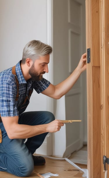 Close-up of newly painted skirting boards and squared doors, showing fine detail.