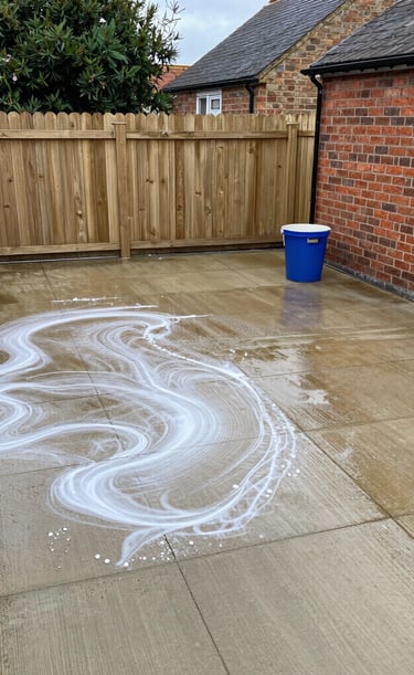 Close-up of a patio mid-clean, showing grime lifting away.