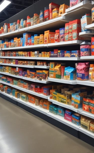 Close-up of vibrant pet food bags stacked on wooden shelves.