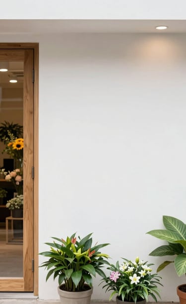A modern florist shop entrance featuring colorful flower arrangements and potted plants outside a bright interior.