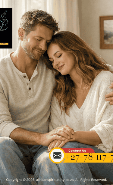 A couple embracing during a spiritual ritual for love and relationship guidance from African Spirituality.