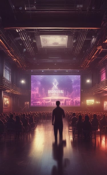 A lively musical performance is taking place on stage, featuring a group of musicians. A man in traditional attire is energetically playing a large drum, while another person is visible in the background playing a smaller percussion instrument. There is a vibrant atmosphere with colorful decorations and confetti scattered on the stage floor. Bright stage lights illuminate the scene, adding to the festive mood.