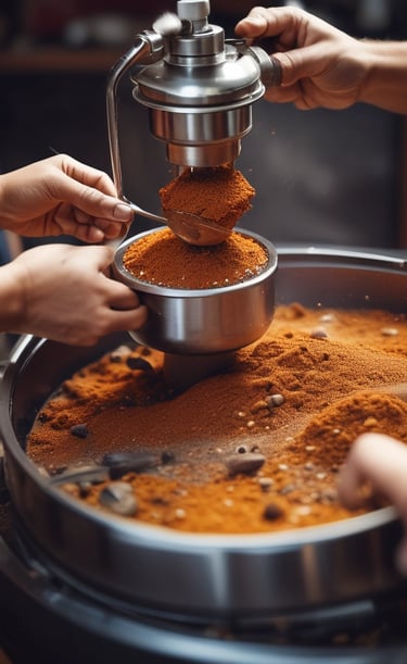 Two mushrooms are growing on a forest floor, surrounded by green moss and fallen leaves. The background consists of blurred trees and foliage, suggesting a natural woodland setting.