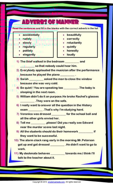 adverbs of manner fill in the blanks worksheet