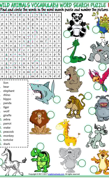 animals vocabulary esl word search puzzle worksheets for kids