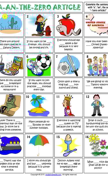 articles gapfilling esl grammar exercise worksheet for kids