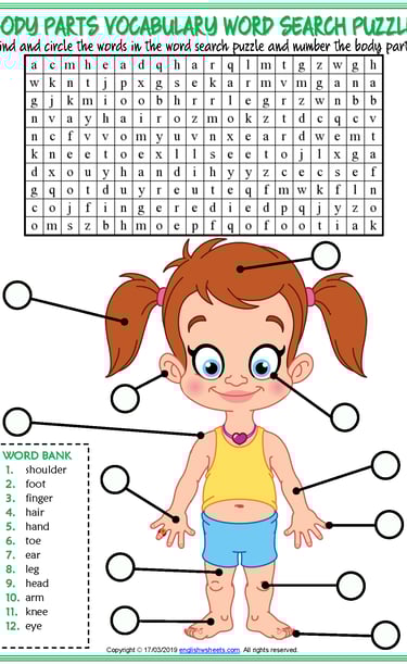 body parts vocabulary esl word search puzzle worksheet for kids