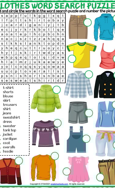 clothes vocabulary esl word search puzzle worksheets for kids