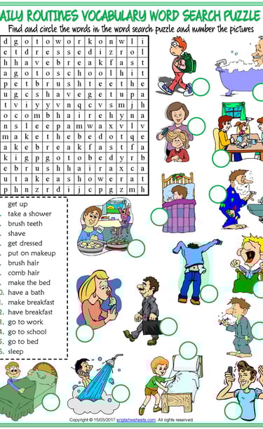 daily routines vocabulary esl word search puzzle worksheets for kids