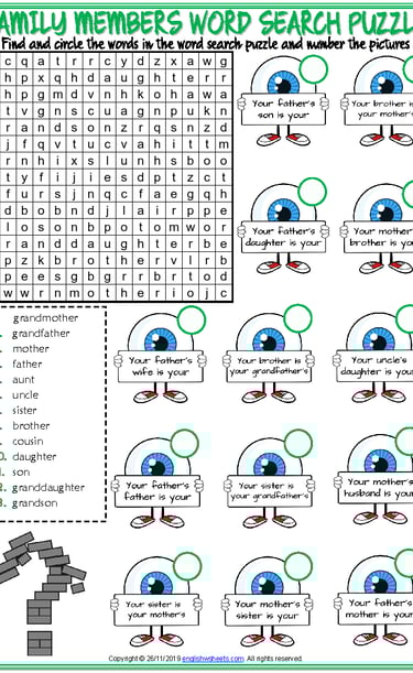 family members vocabulary esl word search puzzle worksheet for kids