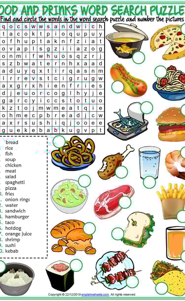 food and drinks vocabulary esl word search puzzle worksheets for kids