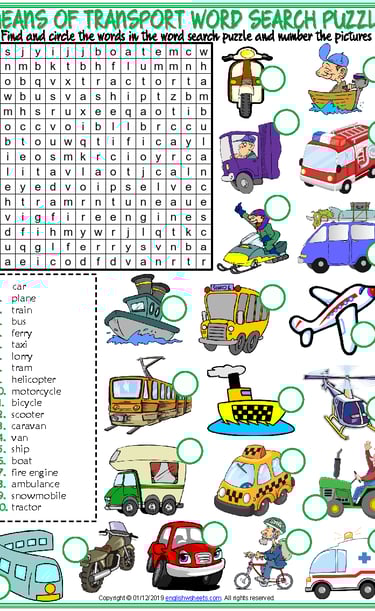means of transport vocabulary esl word search puzzle worksheet for kids