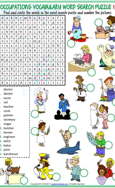 occupations vocabulary esl word search puzzle worksheets for kids