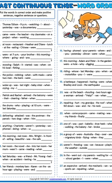 past continuous tense esl printable word order exercise worksheet