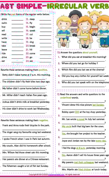 past simple tense irregular verbs esl printable grammar test worksheet