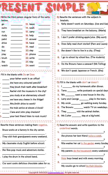 present simple tense esl printable grammar test worksheet