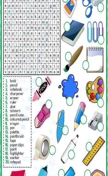 school supplies vocabulary esl word search puzzle worksheets for kids