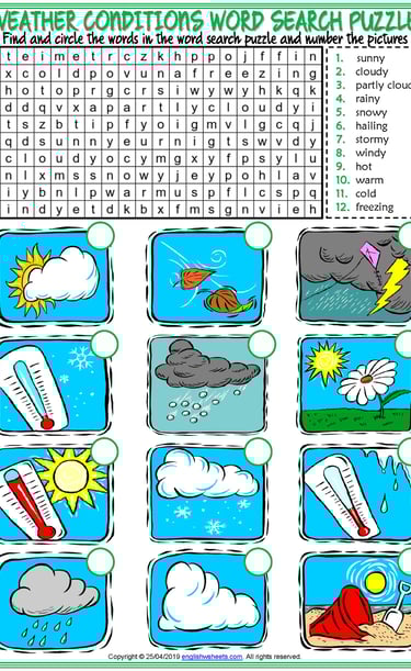 weather conditions vocabulary esl word search puzzle worksheet for kids