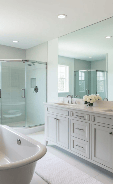 a bathroom with a tub tub and a large mirror