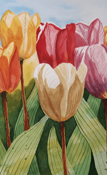 a watercolor painting of a bunch of tulips