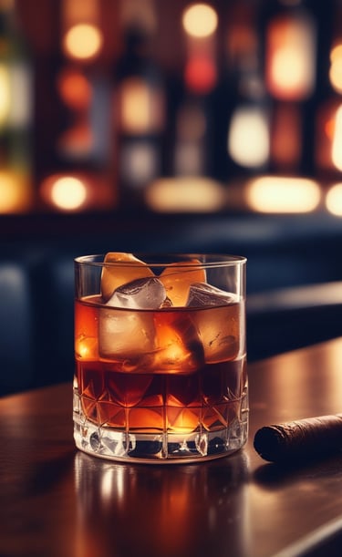 An elegant lounge setting with plush seating and cigars.