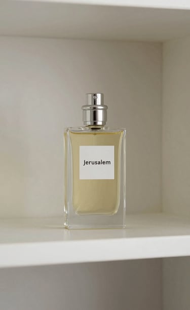 A luxurious perfume bottle with a metallic cap and amber-colored liquid, featuring an ornate and stylish label displaying intricate designs. It is placed on a dark, reflective surface.