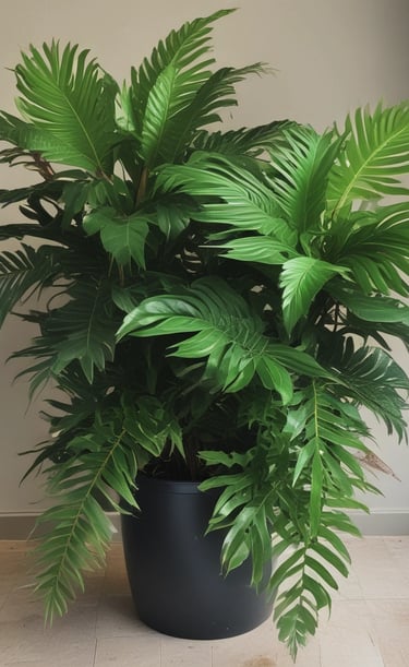 a planter with a large green plant in a room