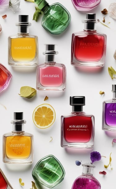 Two elegant perfume bottles are displayed on a soft, textured fabric surface. One bottle, labeled Prada, is tilted and has a light pink hue, while the other, labeled Chanel No 5, is upright with a golden yellow liquid inside. The scene exudes luxury and sophistication.