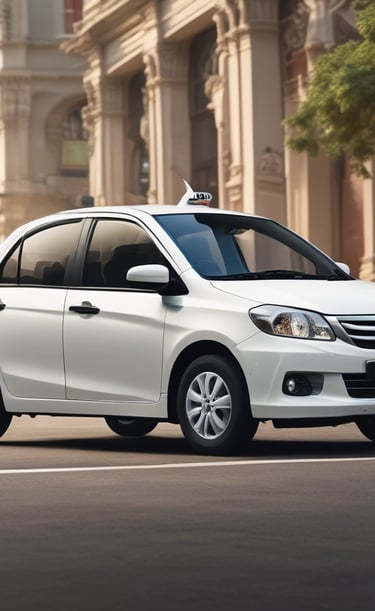 A taxi with an orange and white color scheme is moving quickly down a city street at night. The street is wet, reflecting lights from nearby buildings and street lamps, including a tree adorned with white string lights. The scene suggests a bustling urban environment.