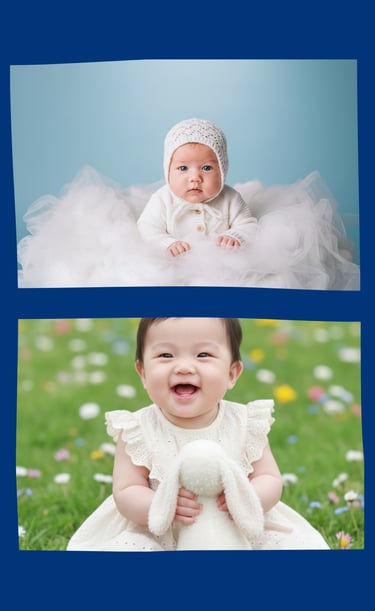 Two portraits featuring a newborn baby in a white knit bonnet and a smiling toddler in a flower field.