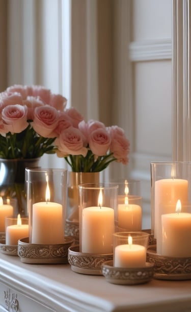 A neatly arranged collection of scented candles in glass jars, each featuring distinct labels with intricate lettering. The candles are placed on a metal rack, with varied wax colors ranging from white to light yellow and pale orange. The setting is indoors, with a blurred background providing a warm ambiance.